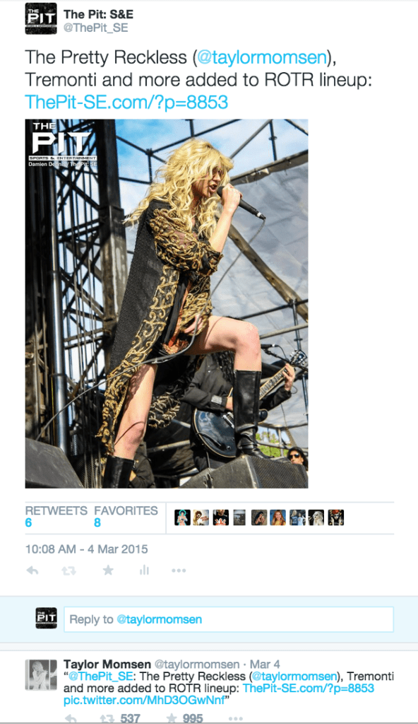 By adding a photo from 2014's Rock On The Range and tagging her, Taylor Momsen shared our tweet about news that The Pretty Reckless was joining ROTR in 2015. The tweet is still blowing up our notifications to this day.